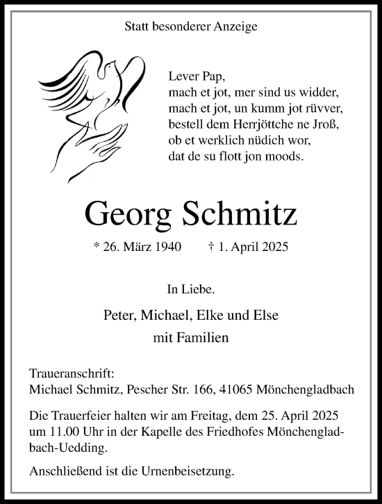 Traueranzeige von Georg Schmitz von trauer.extra-tipp-moenchengladbach.de