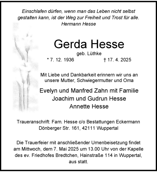Traueranzeige von Gerda Hesse von trauer.wuppertaler-rundschau.de