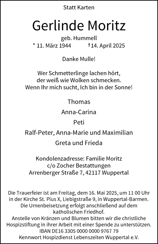 Traueranzeige von Gerlinde Moritz von trauer.wuppertaler-rundschau.de