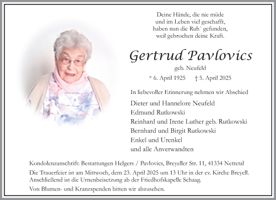 Traueranzeige von Gertrud Pavlovics von trauer.extra-tipp-moenchengladbach.de
