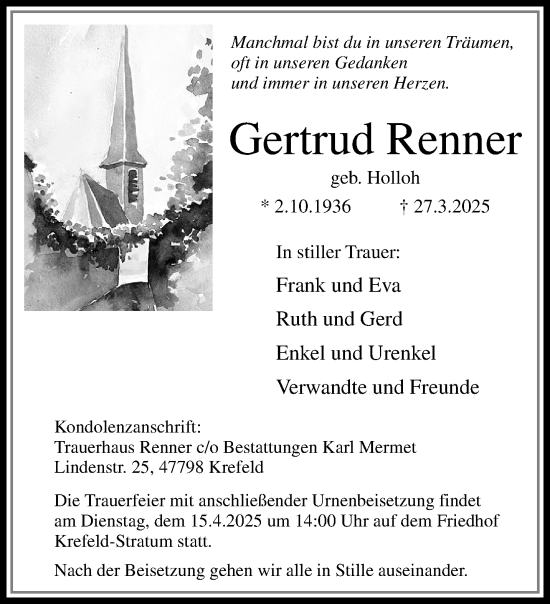 Traueranzeige von Gertrud Renner von trauer.extra-tipp-moenchengladbach.de