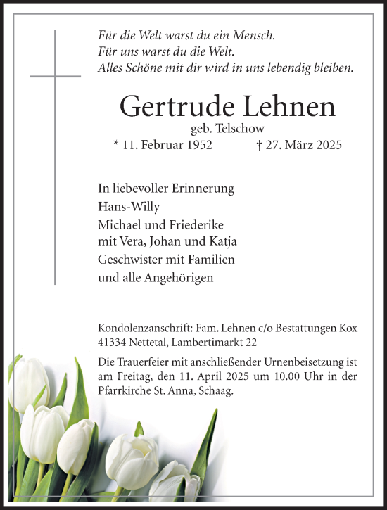 Traueranzeige von Gertrude Lehnen von trauer.extra-tipp-moenchengladbach.de