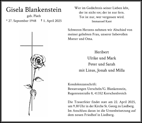 Traueranzeige von Gisela Blankenstein von trauer.extra-tipp-moenchengladbach.de