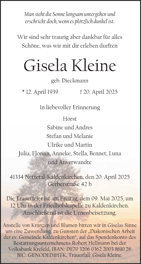 Traueranzeige von Gisela Kleine von trauer.extra-tipp-moenchengladbach.de