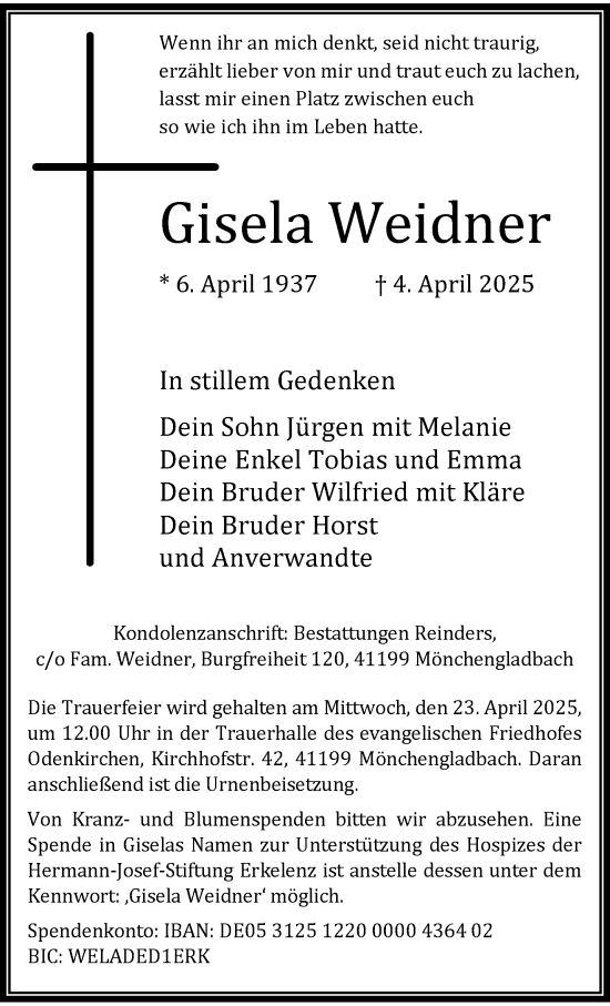 Traueranzeige von Gisela Weidner von trauer.stadt-kurier.de