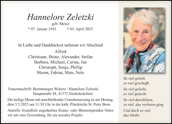 Traueranzeige von Hannelore Zeletzki von trauer.extra-tipp-moenchengladbach.de