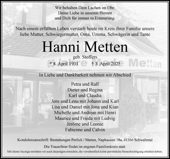 Traueranzeige von Hanni Metten von trauer.extra-tipp-moenchengladbach.de