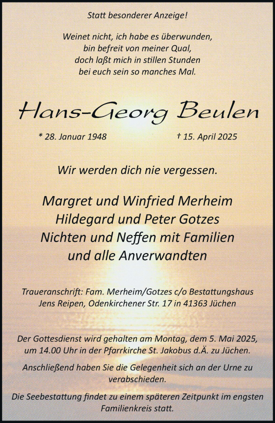 Traueranzeige von Hans-Georg Beulen von trauer.stadt-kurier.de