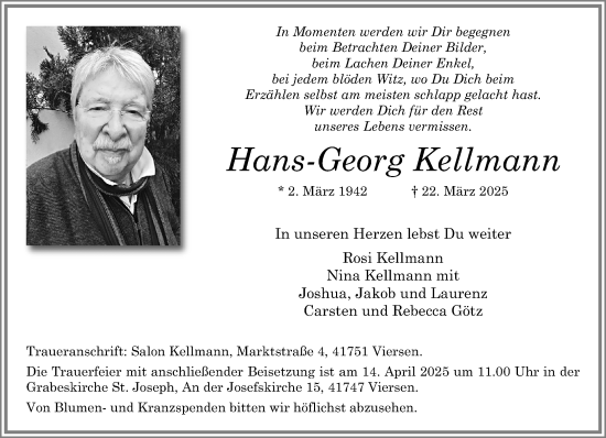 Traueranzeige von Hans-Georg Kellmann von trauer.extra-tipp-moenchengladbach.de