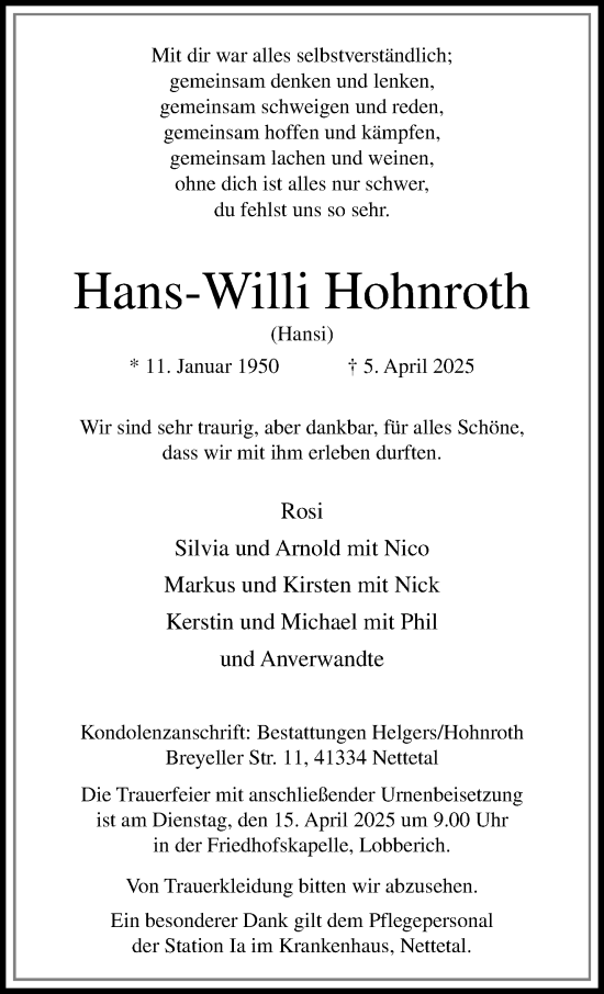 Traueranzeige von Hans-Willi Hohnroth von trauer.extra-tipp-moenchengladbach.de