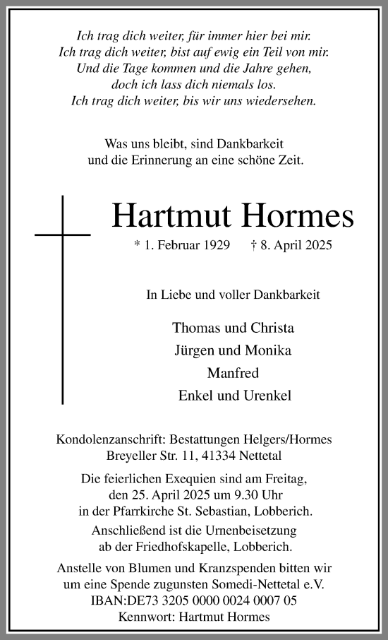 Traueranzeige von Hartmut Hormes von trauer.extra-tipp-moenchengladbach.de