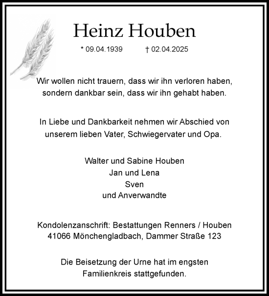 Traueranzeige von Heinz Houben von trauer.extra-tipp-moenchengladbach.de