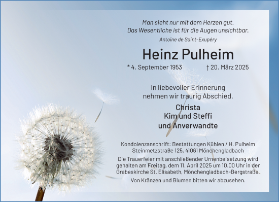 Traueranzeige von Heinz Pulheim von trauer.extra-tipp-moenchengladbach.de