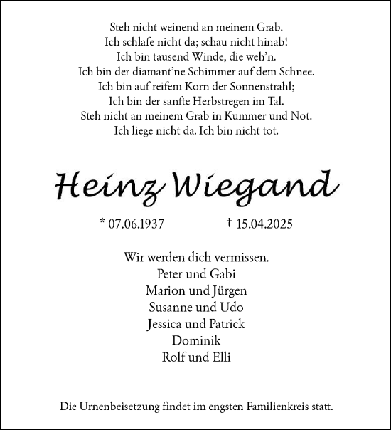 Traueranzeige von Heinz Wiegand von trauer.wuppertaler-rundschau.de