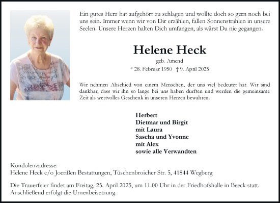 Traueranzeige von Helene Heck von trauer.extra-tipp-moenchengladbach.de
