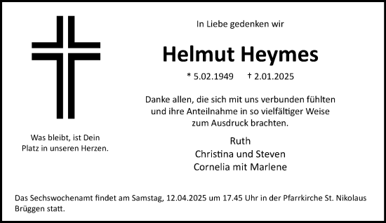 Traueranzeige von Helmut Heymes von trauer.extra-tipp-moenchengladbach.de