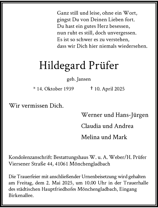 Traueranzeige von Hildegard Prüfer von trauer.extra-tipp-moenchengladbach.de