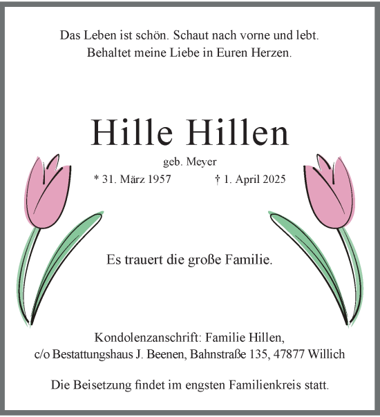 Traueranzeige von Hille Hillen von trauer.extra-tipp-moenchengladbach.de