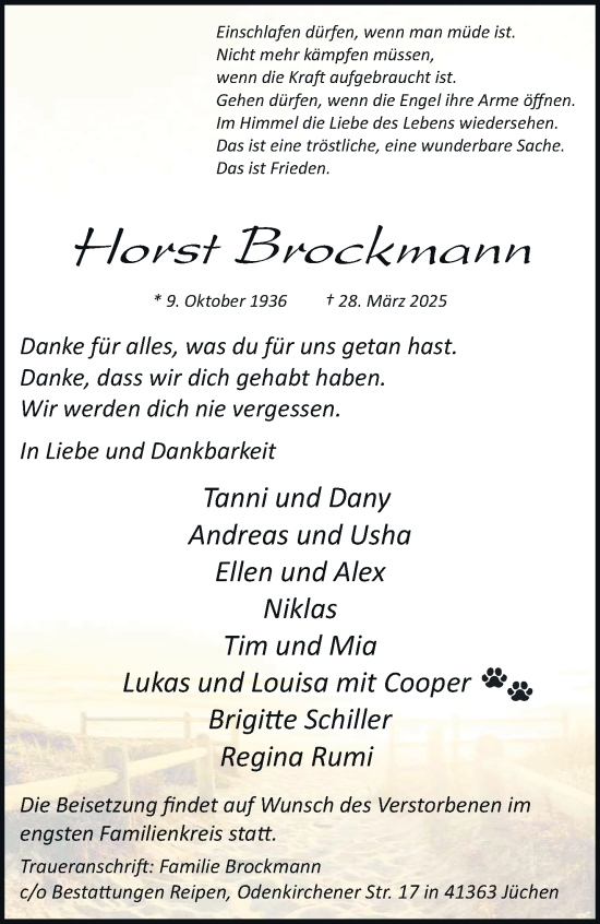Traueranzeige von Horst Brockmann von trauer.stadt-kurier.de