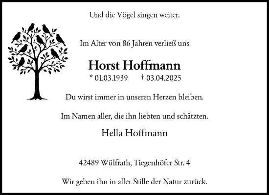 Traueranzeige von Horst Hoffmann von trauer.wuppertaler-rundschau.de