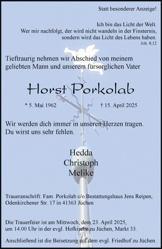 Traueranzeige von Horst Porkolab von trauer.stadt-kurier.de