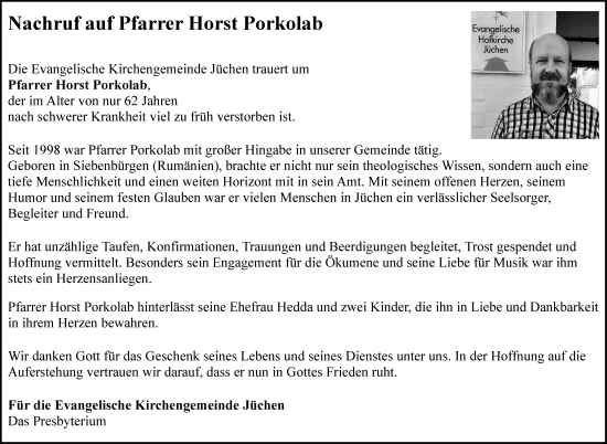 Traueranzeige von Horst Porkolab von trauer.stadt-kurier.de