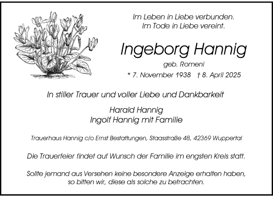 Traueranzeige von Ingeborg Hannig von trauer.wuppertaler-rundschau.de