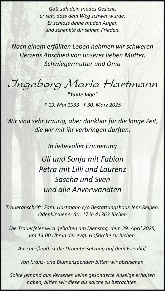 Traueranzeige von Ingeborg Maria Hartmann von trauer.stadt-kurier.de