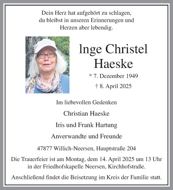 Traueranzeige von Inge Christel Haeske von trauer.extra-tipp-moenchengladbach.de