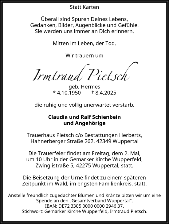 Traueranzeige von Irmtraud Pietsch von trauer.wuppertaler-rundschau.de