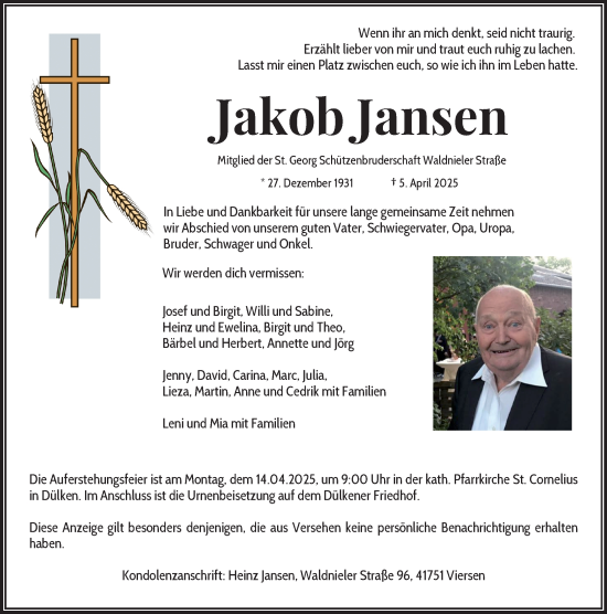 Traueranzeige von Jakob Jansen von trauer.extra-tipp-moenchengladbach.de