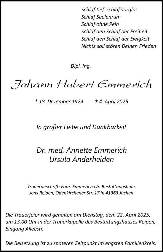 Traueranzeige von Johann Hubert Emmerich von trauer.extra-tipp-moenchengladbach.de