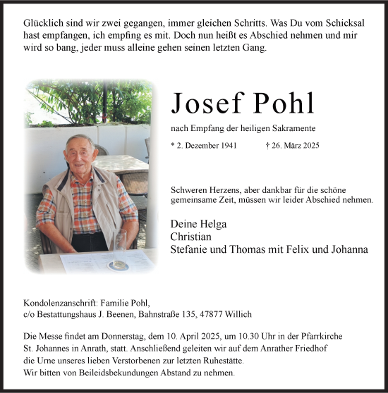 Traueranzeige von Josef Pohl von trauer.extra-tipp-moenchengladbach.de
