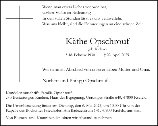 Traueranzeige von Käthe Opschrouf von trauer.extra-tipp-moenchengladbach.de