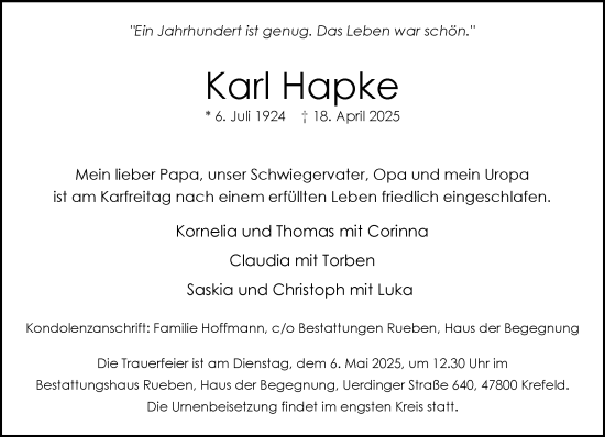 Traueranzeige von Karl Hapke von trauer.extra-tipp-moenchengladbach.de