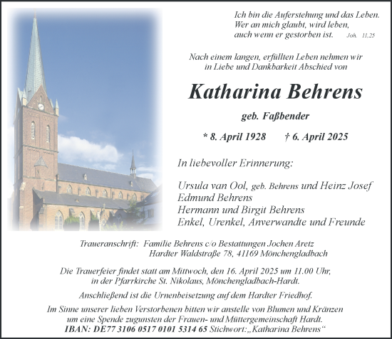 Traueranzeige von Katharina Behrens von trauer.extra-tipp-moenchengladbach.de