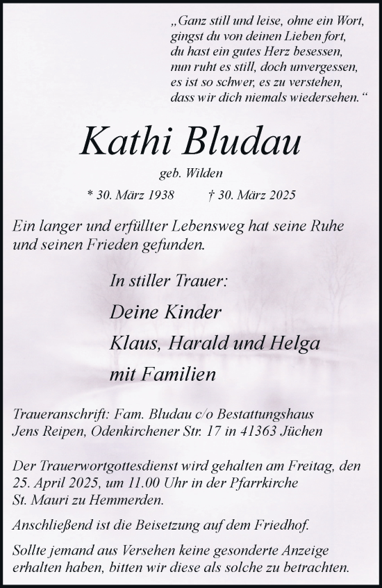 Traueranzeige von Kathi Bludau von trauer.stadt-kurier.de
