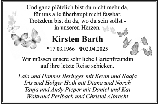 Traueranzeige von Kirsten Barth von trauer.wuppertaler-rundschau.de