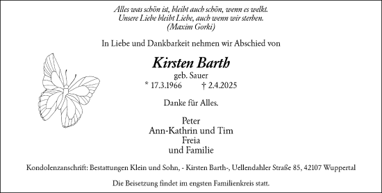Traueranzeige von Kirsten Barth von trauer.wuppertaler-rundschau.de