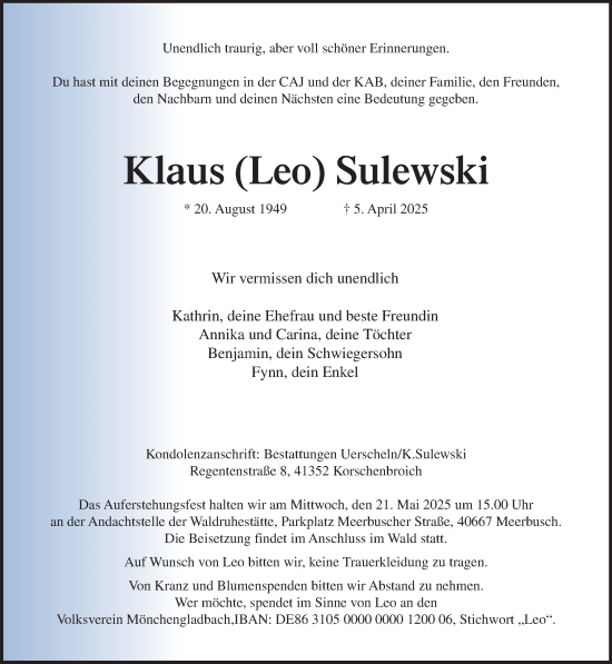 Traueranzeige von Klaus Sulewski von trauer.extra-tipp-moenchengladbach.de