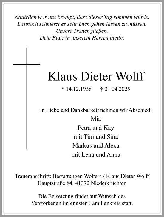 Traueranzeige von Klaus Dieter Wolff von trauer.extra-tipp-moenchengladbach.de