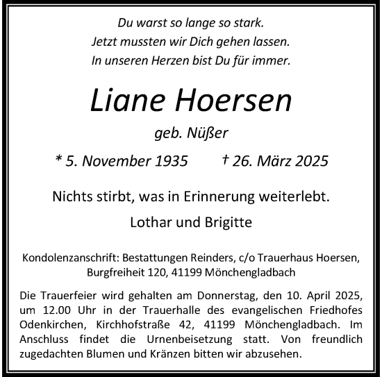 Traueranzeige von Liane Hoersen von trauer.extra-tipp-moenchengladbach.de