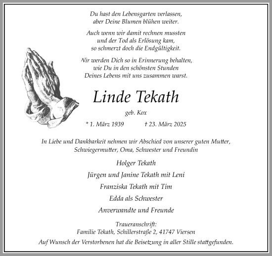 Traueranzeige von Linde Tekath von trauer.extra-tipp-moenchengladbach.de