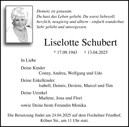 Traueranzeige von Liselotte Schubert von trauer.extra-tipp-moenchengladbach.de