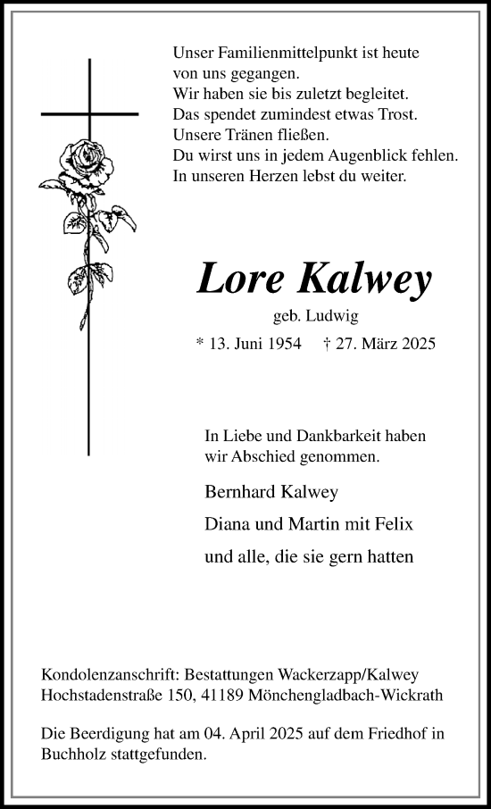 Traueranzeige von Lore Kalwey von trauer.extra-tipp-moenchengladbach.de