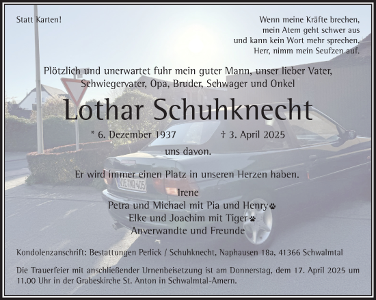 Traueranzeige von Lothar Schuhknecht von trauer.extra-tipp-moenchengladbach.de