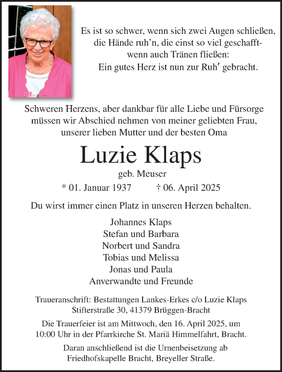 Traueranzeige von Luzie Klaps von trauer.extra-tipp-moenchengladbach.de