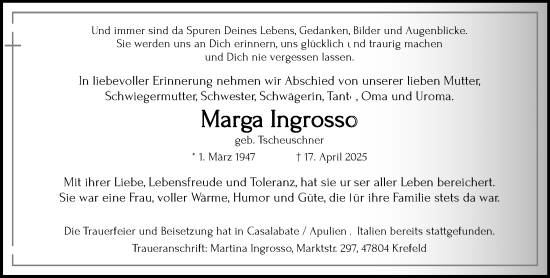 Traueranzeige von Marga Ingrosso von trauer.extra-tipp-moenchengladbach.de