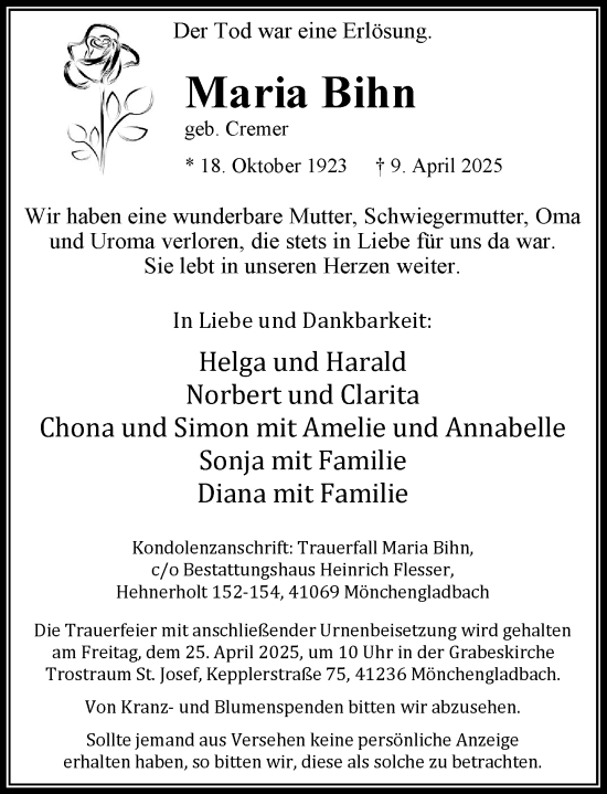 Traueranzeige von Maria Bihn von trauer.extra-tipp-moenchengladbach.de