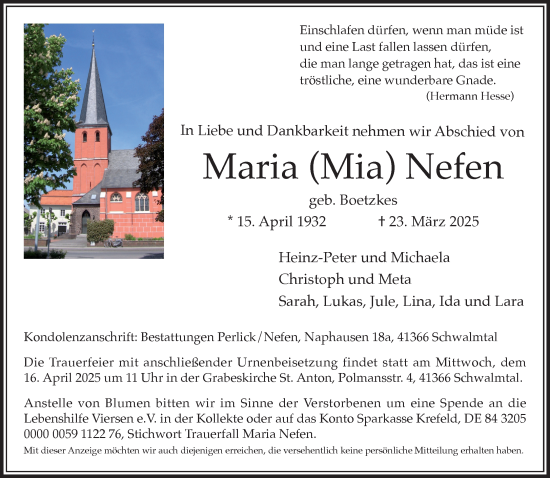 Traueranzeige von Maria Nefen von trauer.extra-tipp-moenchengladbach.de